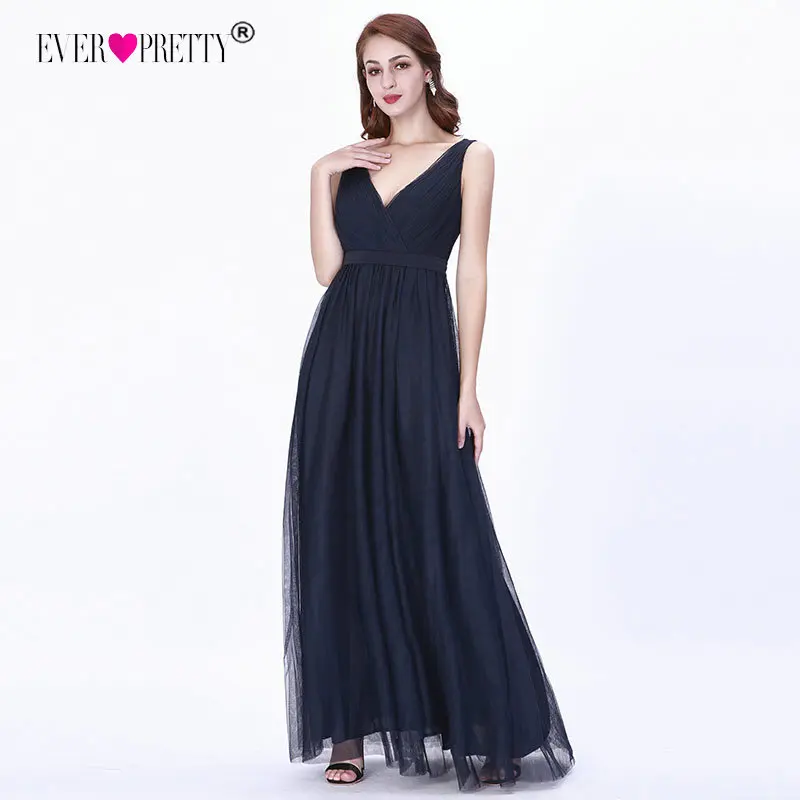 Длинные платья подружек невесты 2019 Ever Pretty темно синий А силуэт Тюль Кружева