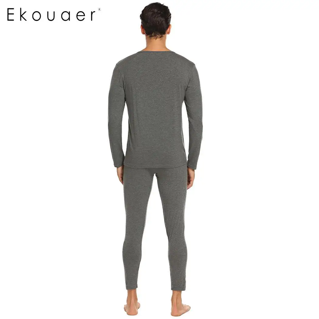 Ekouaer Men Thermal Underwear Sets Solid O-Neck Long Sleeve Tops with Elastic Waist Pants Sleep Pajamas Homewear Suits | Мужская одежда
