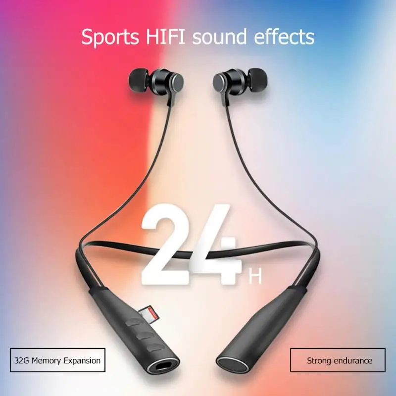 Беспроводные наушники Bluetooth спортивные с шейным ремешком поддержкой tf карты