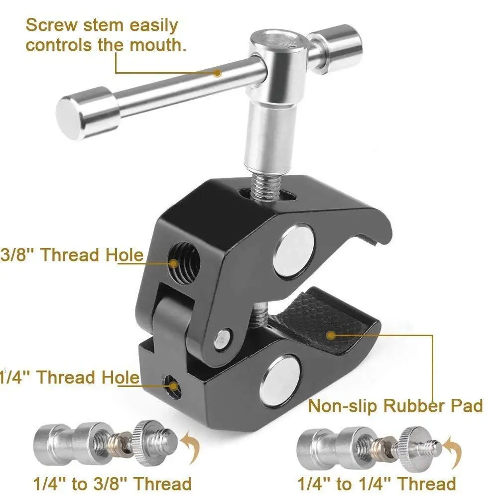Super Clamp Crab Aluminum Alloy Pliers Clip with 1/4inch-20 and 3/8inch-16 Tripod Screw Adapter compatible for Magic Arm/LED V |