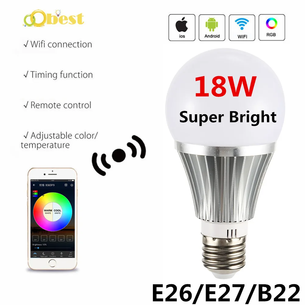 

18W Fashion Silver super bright Smart LED light Bulb E26/E27/B22 WiFi Voice Contro LED Bulb RGB Energy Saving Dimming Dropship