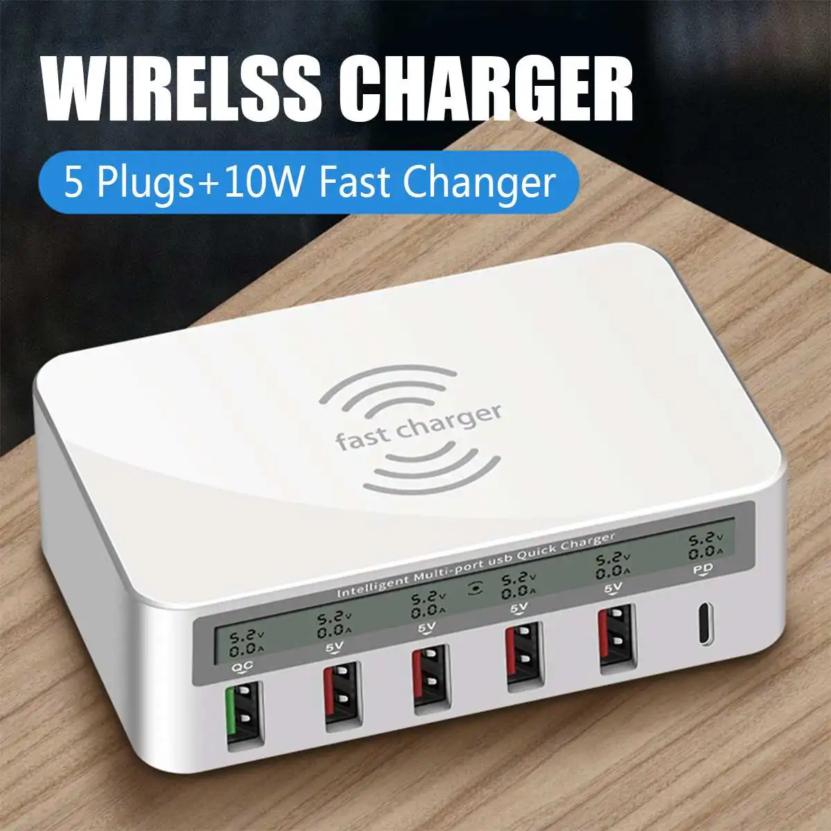 

10W Qi 3.0 USB Multi Wireless Charger +5 Ports LCD Digital Screen Fast Charging Pad Mobile Phone Power Bank Charger Dock Station