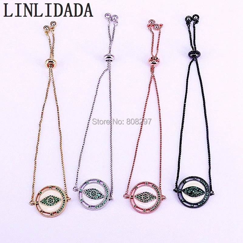 

10Pcs Gold/Rose Gold/Black Fashion New Pave CZ and White enamel Round Eye Connector Charm Bracelets Adjustable LL-B020