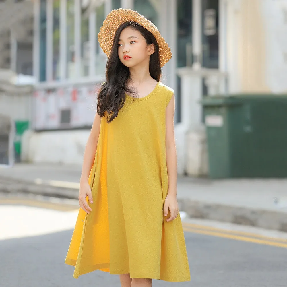 Teenage Child Girl Dress Princess Cotton Linen Summer 2019 Kids Dresses For Girls 15 17 13 11 9 7 5 Years Old Green Yellow | Детская