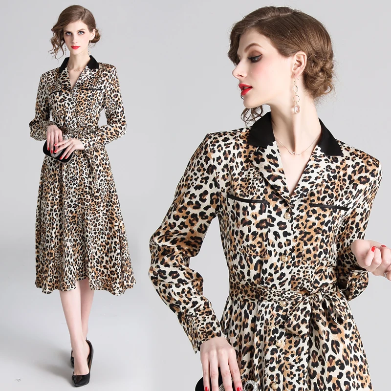 Подиумное леопардовое платье вечерние платья с длинным рукавом элегантные
