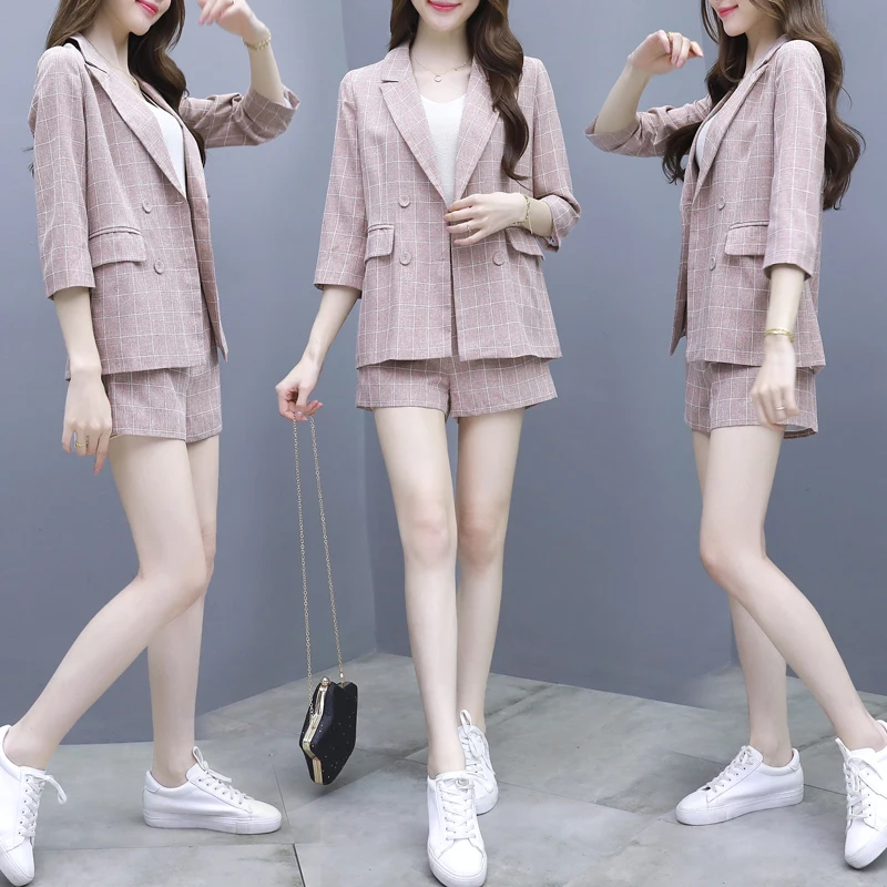 Korea Fashion 2019 Spring Two-Piece Clothing Set Sister Suit Blazer Top Shorts Vestidos Office Women Outfit Plus Size S-XL |