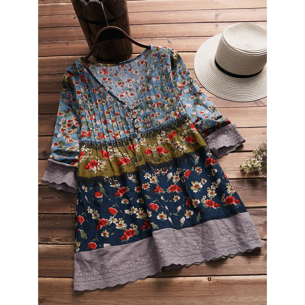 

Fashion Women's Casual Floral Blouses Loose Long Sleeve V-neck Shirts Boho Blouse Crew Neck Top Lady