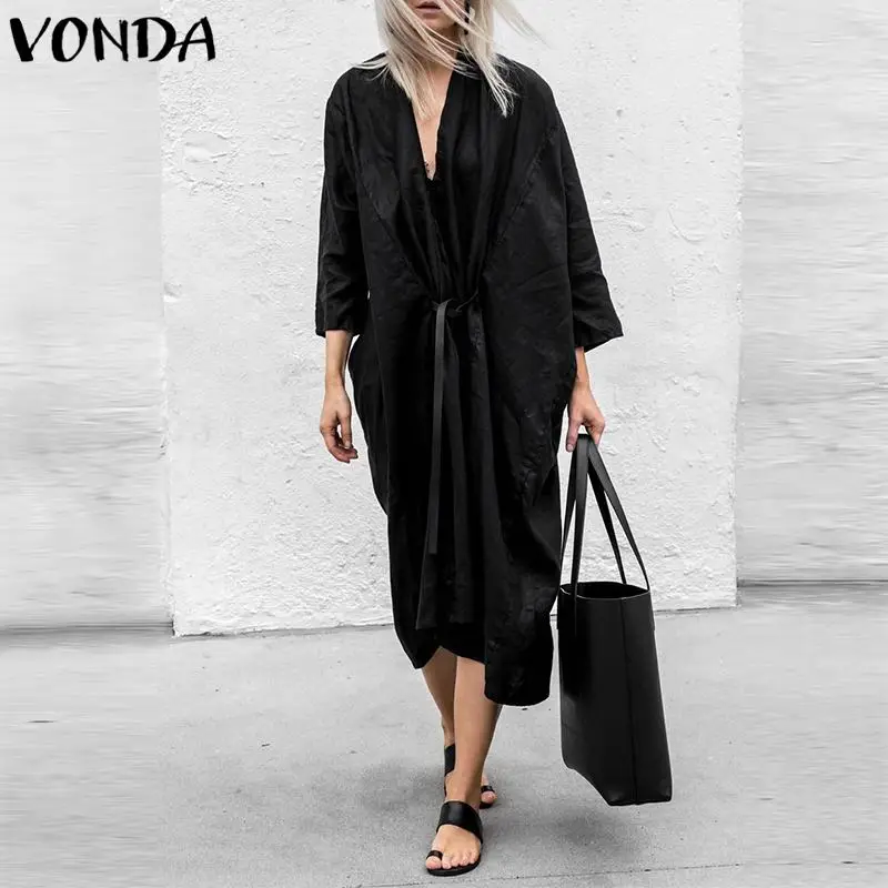 VONDA, женское сексуальное платье-кардиган,, глубокий v-образный вырез, рукав 3/4, открытая спереди, черное, Клубное, для вечеринок, повседневное, свободное, до середины икры, Vestidos