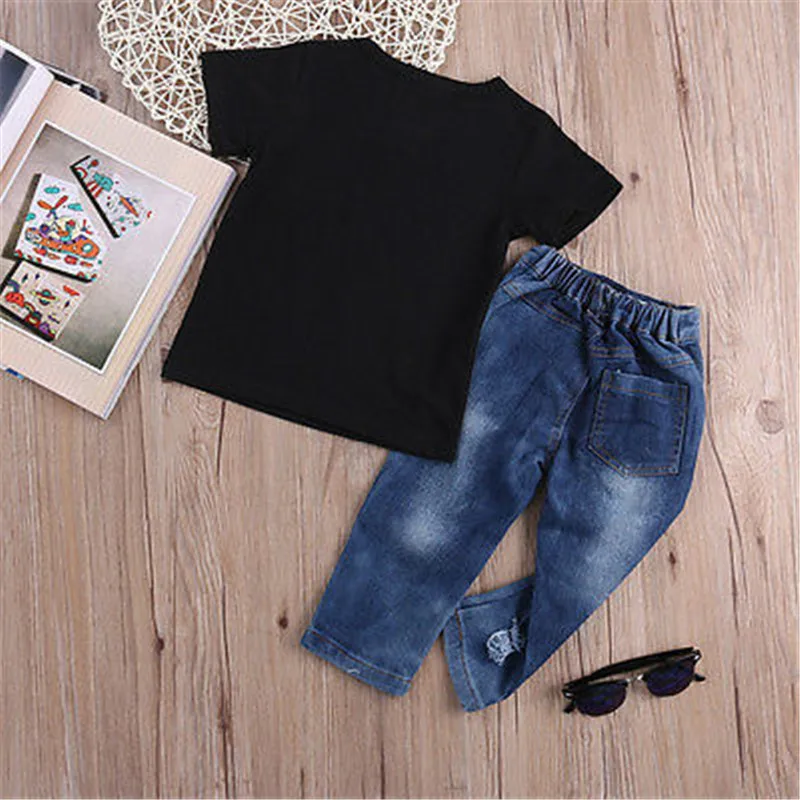 Baby Girls Clothes Set 2pc/Set Black Short Sleeves Tshirt Letter T-Shirt Tops Blue Jeans Long Cowboys Pants New Born Outfit | Детская