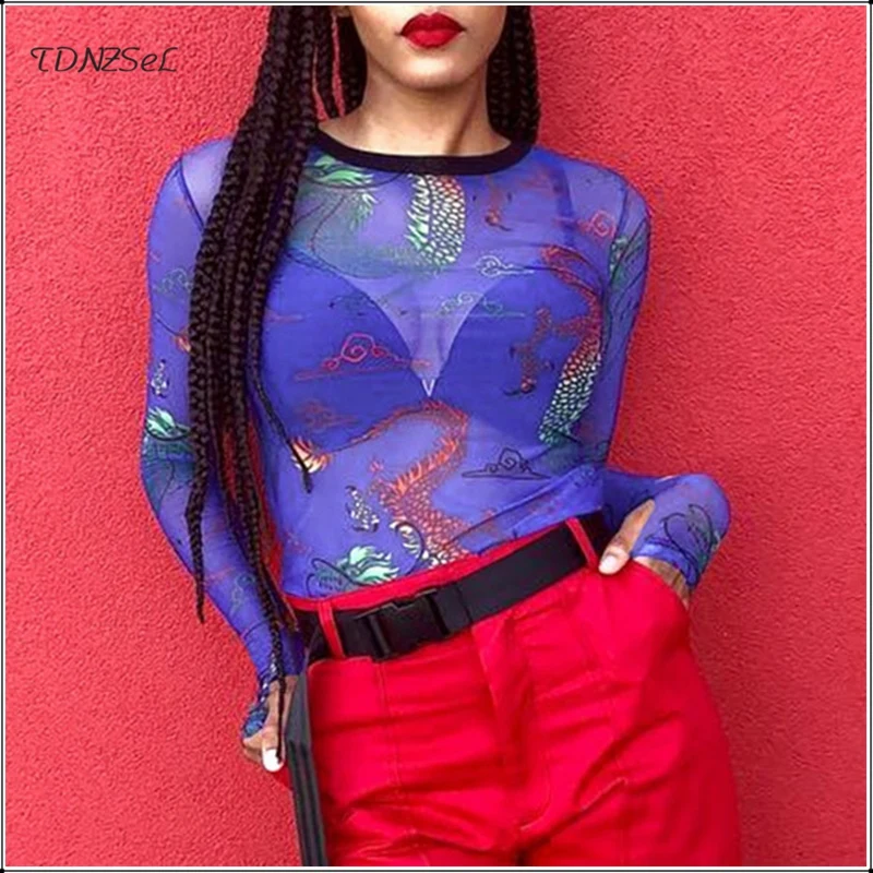 

Женская прозрачная блузка с сетчатым принтом, облегающая прозрачная вечерние башка с длинным рукавом и круглым вырезом для ночного клуба, Э...