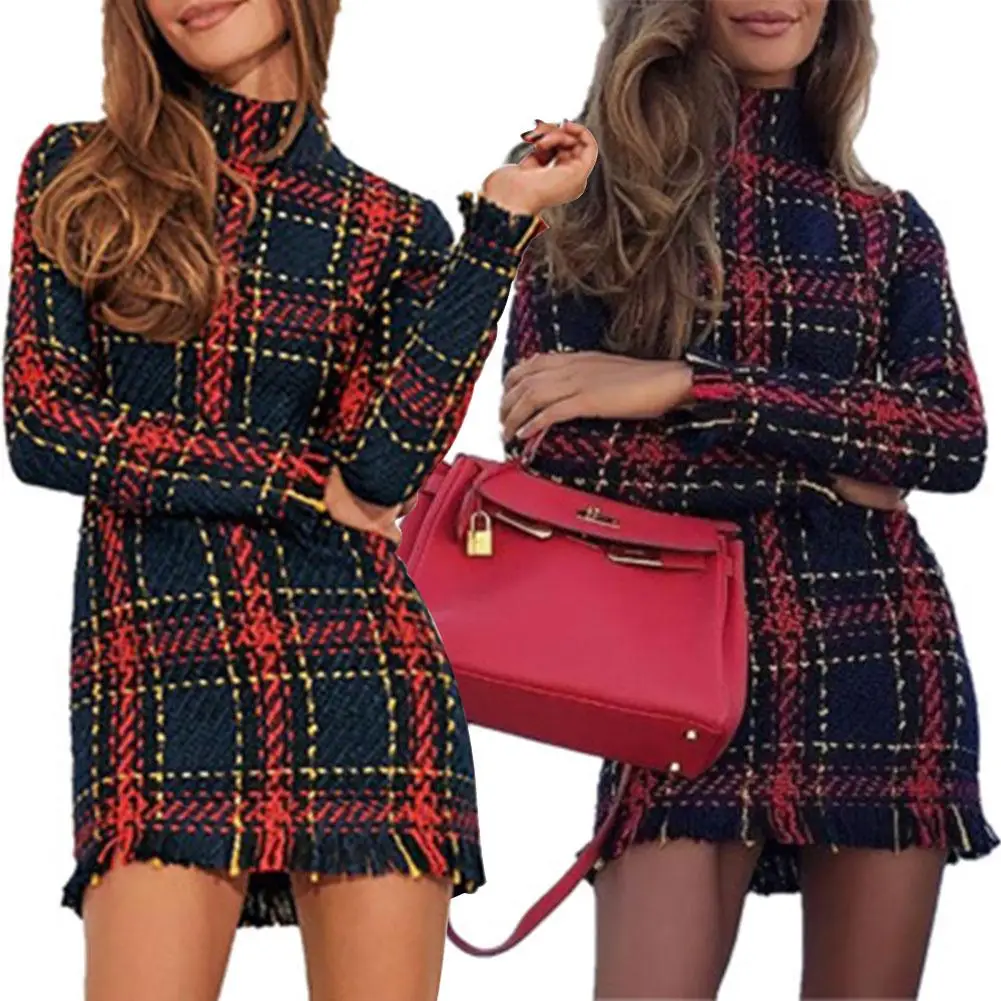 Клетчатое платье с круглым вырезом и длинными рукавами повседневная хлопковая