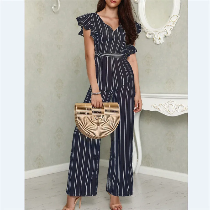 Women Lady V Neck Loose Playsuit Party Ladies Romper Sleeveless Long Jumpsuit High Waisted Vertical Stripe | Женская одежда