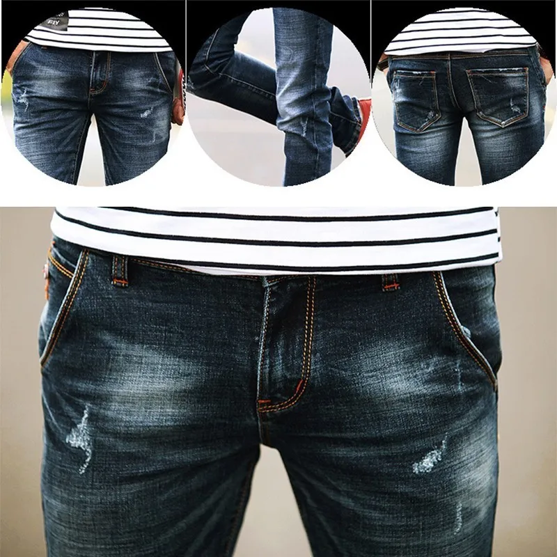 Men's Stretch Joggers Jeans Cotton Skinny Korean Full Length Straight Mid Light Washing Young Jean Zipper Pants