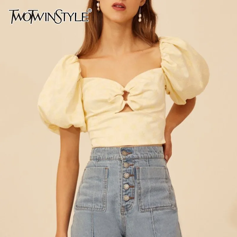 Женская блузка с квадратным вырезом TWOTWINSTYLE Весенняя однотонная короткая пышными