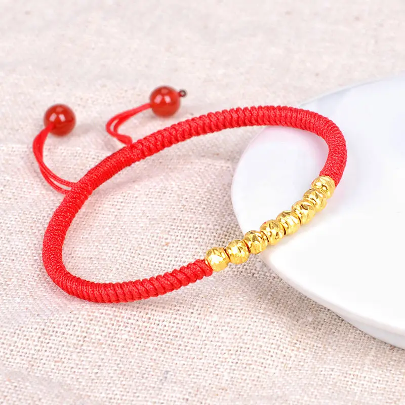

999 24K Yellow Gold Red Rope Weave With Gold Bead Bracelet 6.3