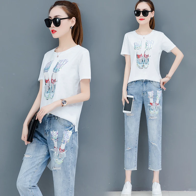 Женская модная обувь с блестками комплект из 2 предметов: футболка вышивкой +