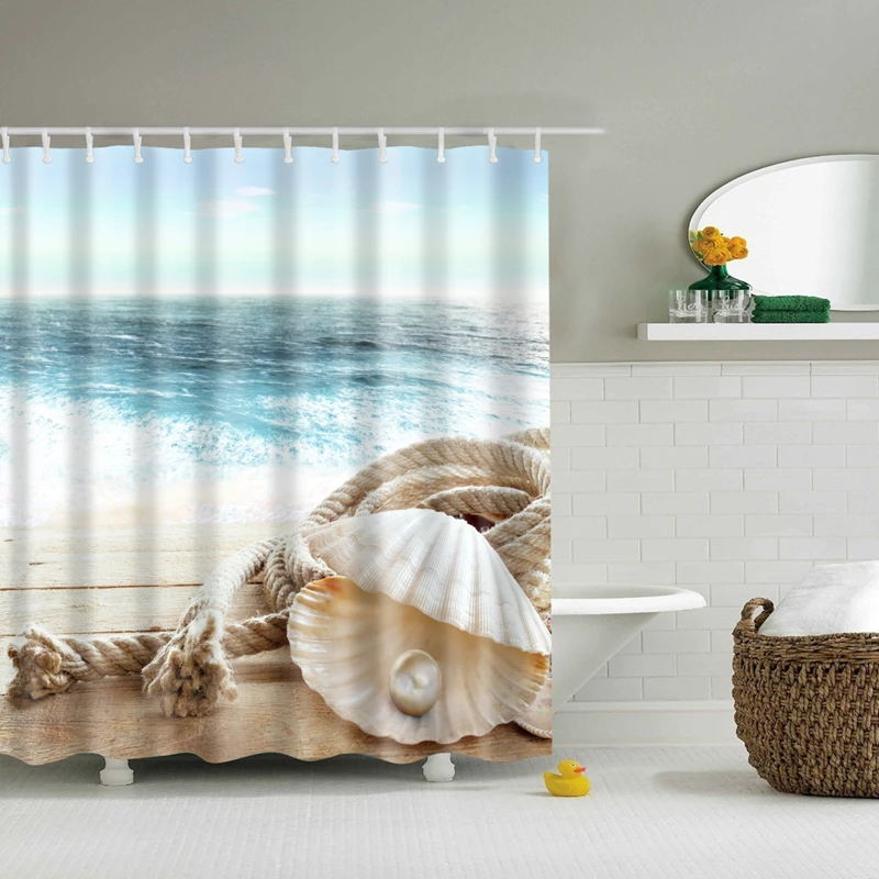 

New Colorful Eco-friendly Beach Conch Starfish Shell Polyester High Quality Washable Bath Decor Shower Curtains 20