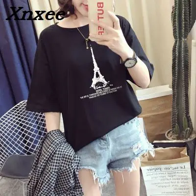 

Summer women loose tops casual o neck T shirt female short sleeve top tees printed t-shirt cotton tops balck and white