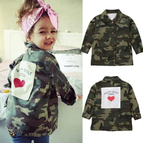 Pudcoco Fashion Jackets Toddler Kids Girls Camouflage Button Basic Heart Back Jacket Coat 2018 New Autumn Outfit Clothes 2-8T | Детская