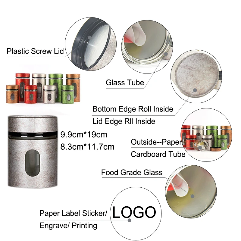 

Xin Jia Yi Packaging Glass Tube Fancy Paper Tube and Plastic Screw Lid With Clear Window Empty Coffee Dry Fruit Wedding Boxes