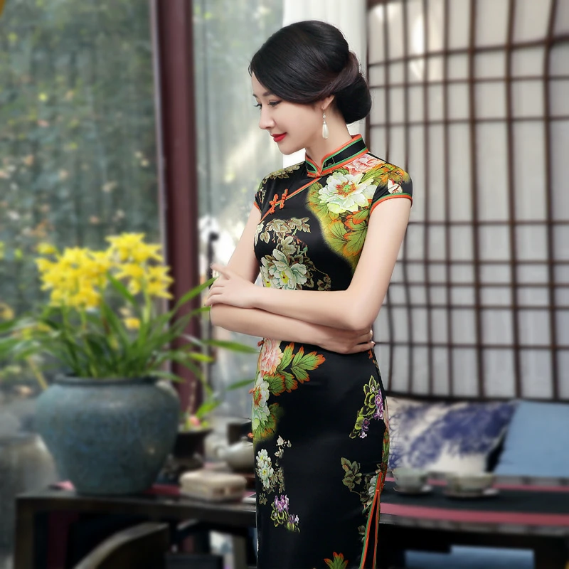 SHENG COCO Satins Cheongsam платья Длинные с цветочным принтом Qipao летняя Новинка китайский
