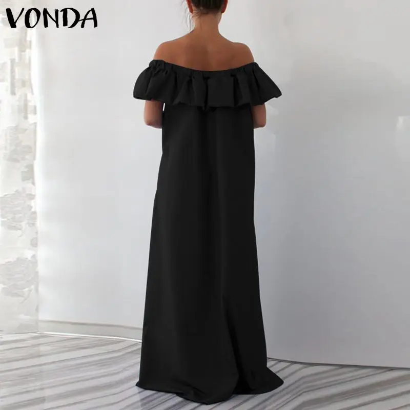 VONDA S-5XL Women Sleeveless Dress Summer 2020 Sexy Off The Shoulder Ruffle Maxi Solid Floor-Length Vestido Oversized | Женская одежда
