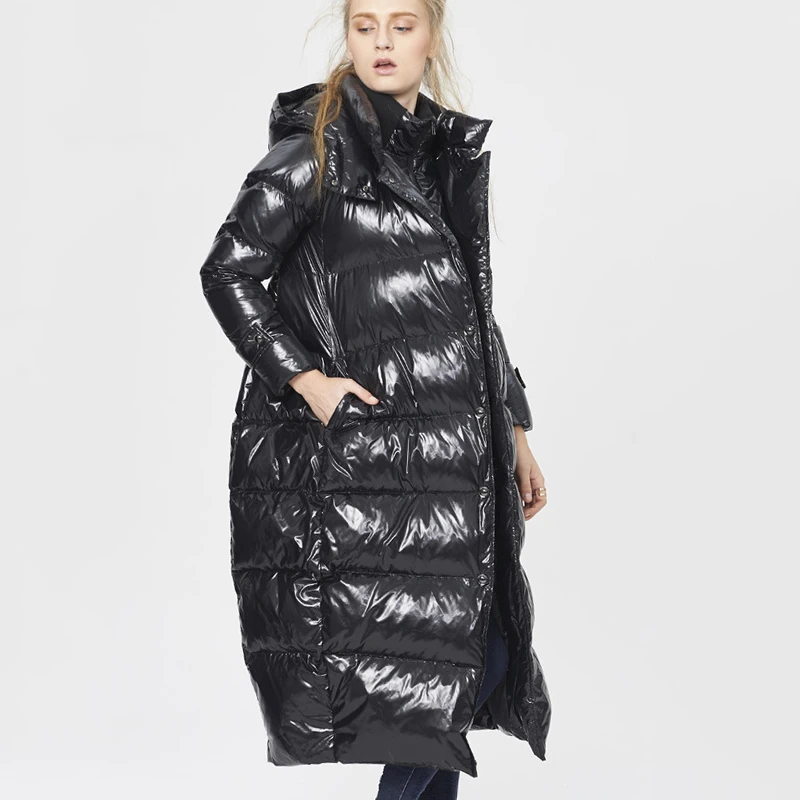 5XL Size Women Winter Black Glossy Long Down Jacket 2019 New Fashion Fake Two Piece Hooded White Duck Feather Coat Female HJ206