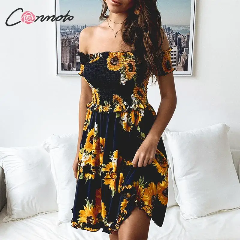 Conmoto Пляжное платье с принтом подсолнухами сексуальное короткое открытыми