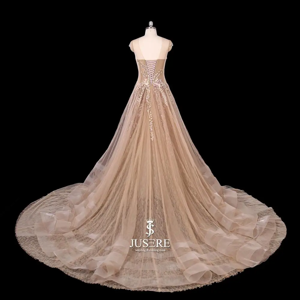 Champagne Long Evening Dress Charming A-Line O-Neck Cap Sleeve Embroidery Lace Flower Floor Length Evening Dresses Gowns 2019