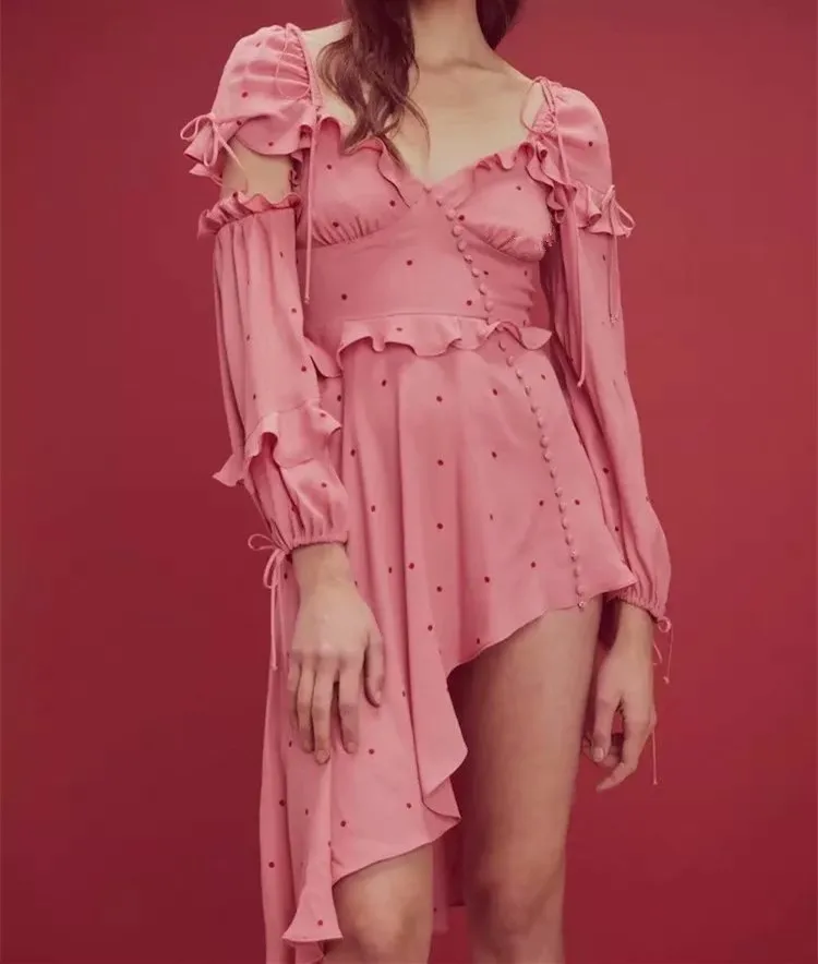 Весеннее женское розовое асимметричное платье в горошек милое Открытое с