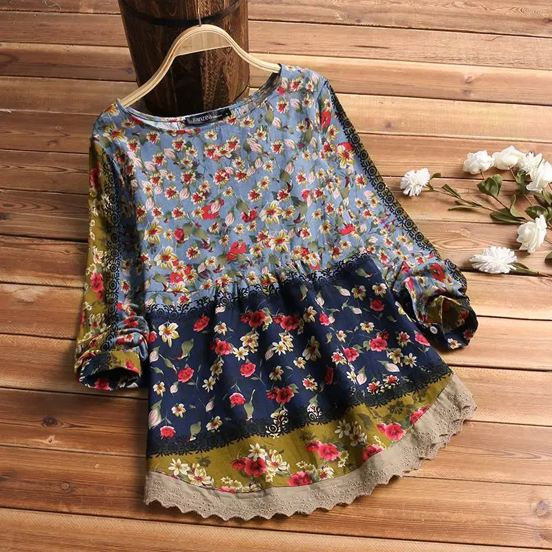2021 ZANZEA Женская винтажная блузка из хлопка и льна Весенняя с цветочным принтом