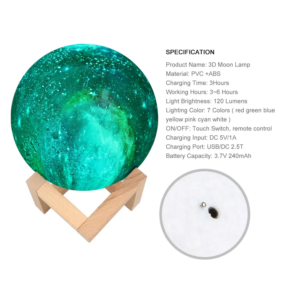 3D пластиковая лампа Stary Sky Magic Star Moon Planet перезаряжаемая цветная 3/7 цветов меняющая