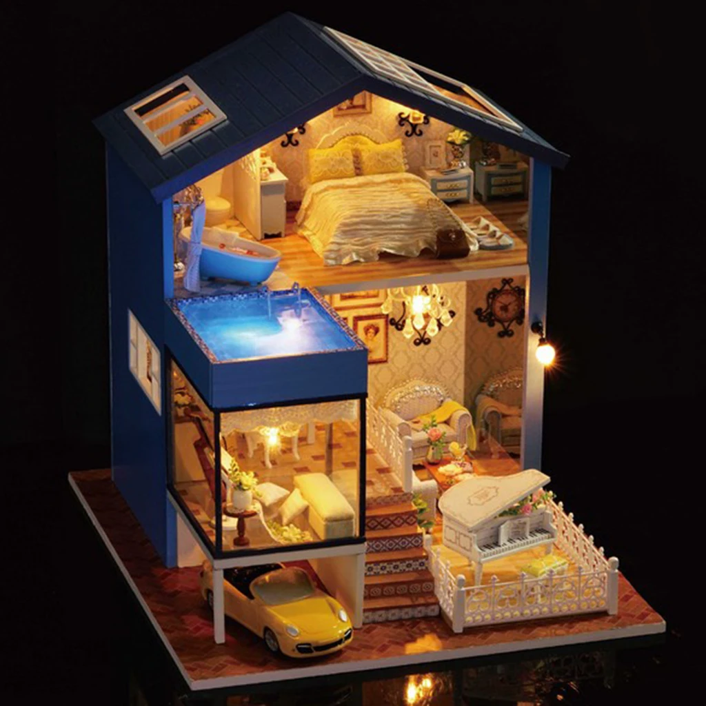 

1/24 DIY Miniature Seattle Style Dollhouse Kits with Furniture LED Light Model Kids Gift