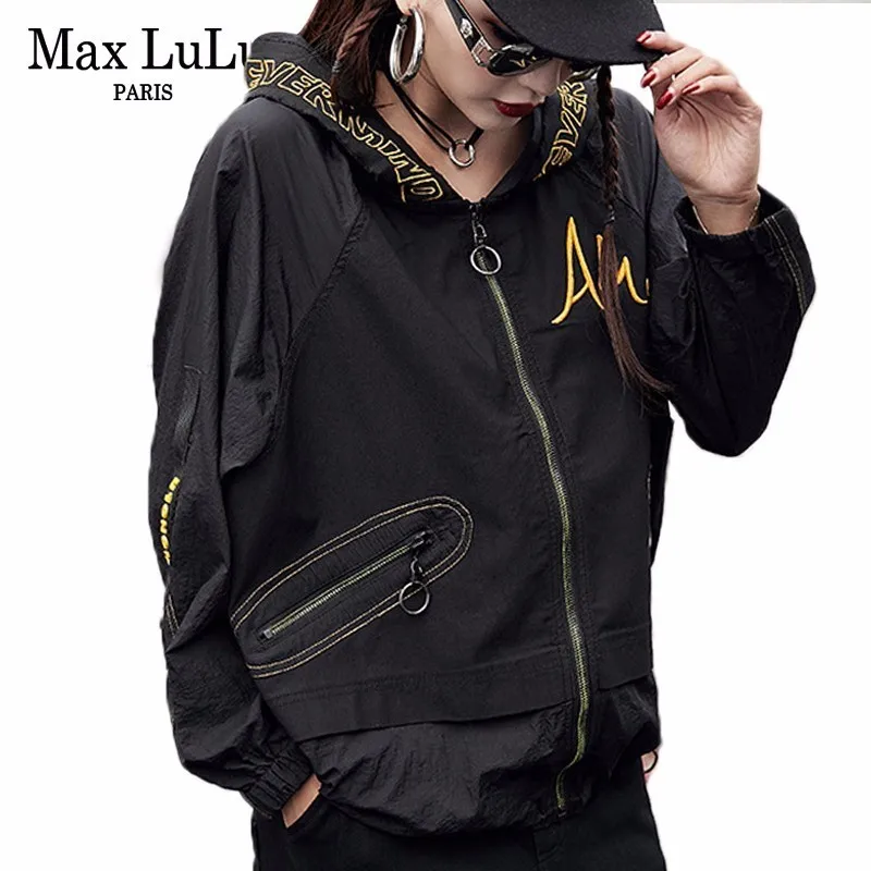 Max LuLu, модная Корейская дизайнерская женская панк уличная одежда, женская короткая куртка с капюшоном, негабаритная ветровка, женское черное пальто