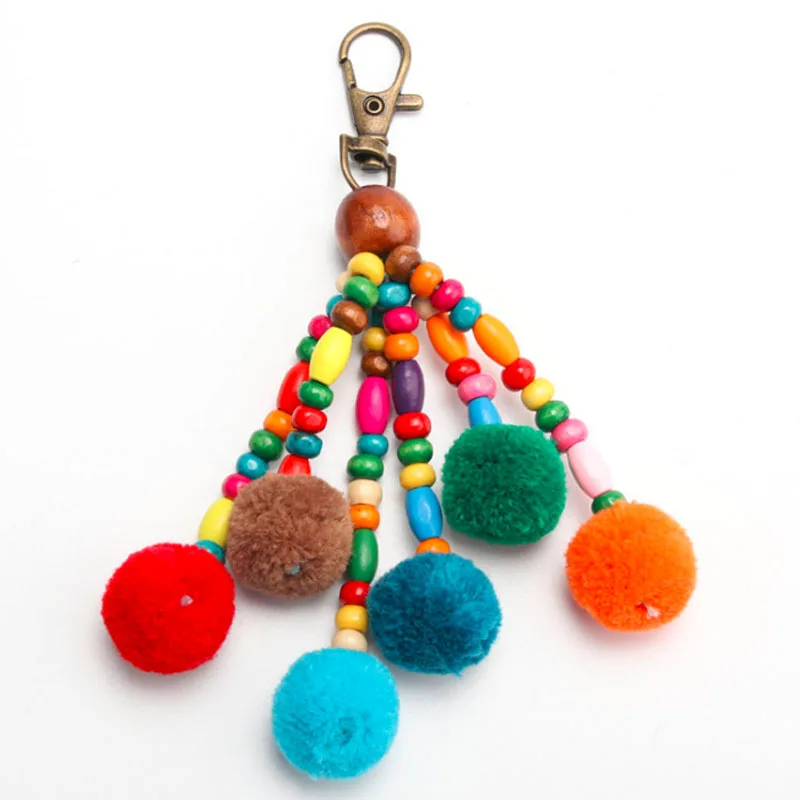 

Handmade Jewelry Keychain with Wooden Pearl Pom Pom Tassels Keychain Pompom Keyring DIY Tassel Key Rings Fashion Jewelry QH6005