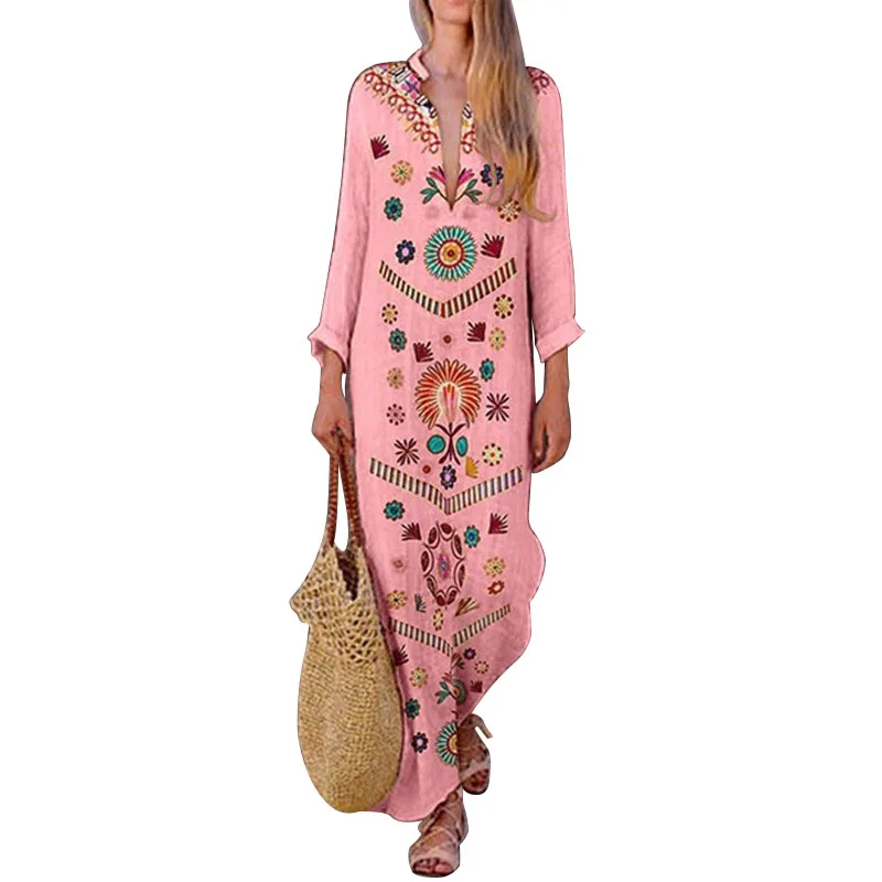 2019 Летнее Длинное платье с цветочным принтом Boho пляжное туника Макси женское