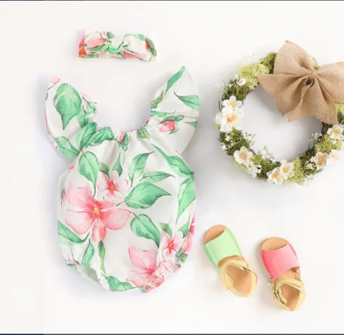 2019 Brand Cute Newborn Baby Girl Clothes Floral Green Leaf Fly Sleeve Romper Bodysuit+Headband Outfit 2Pcs Sunsuit 0-3Y | Мать и ребенок