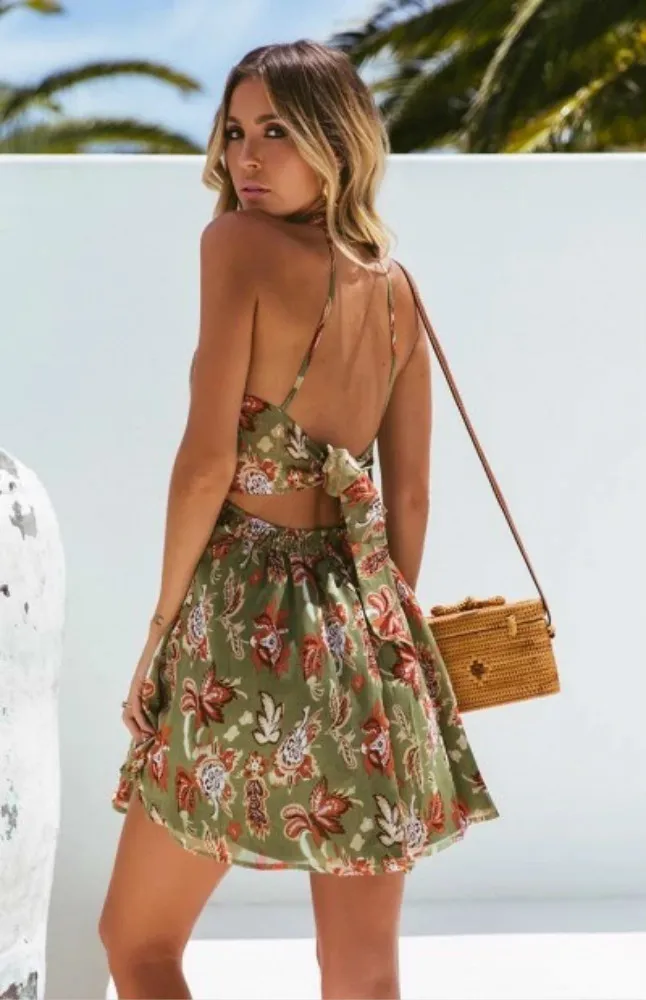 

Uguest Women Dress Floral Halter Empire Open Back Sexy A-line Bohemian Sleeveless Summer Holiday Beach Vacation Vestido Casual