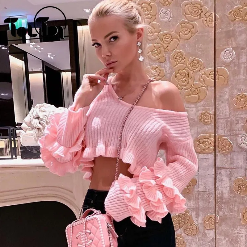 Женский вязаный свитер короткий пуловер розового цвета с рукавами-бабочками