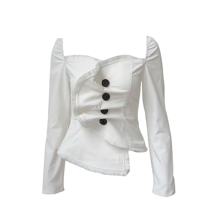 

TWOTWINSTYLE Vintage Slash Neck Women's Shirt Blouses Top Female Long Sleeve Sexy Off Shoulder Pleated Black Shirts Clothes New