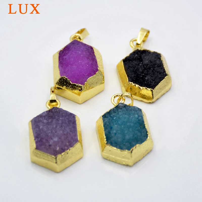 

Hexagon Gold Bezel Rainbow Natural Agates Druzy Geode Pendant Bead Drusy Gem stone Pendants Geode Jewelry Making Craft