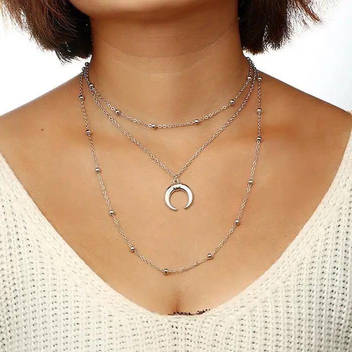 Women Fashion Retro Three Layers Moon Pendant Necklace Casual Lobster Buckle Link Chain Silver | Украшения и аксессуары