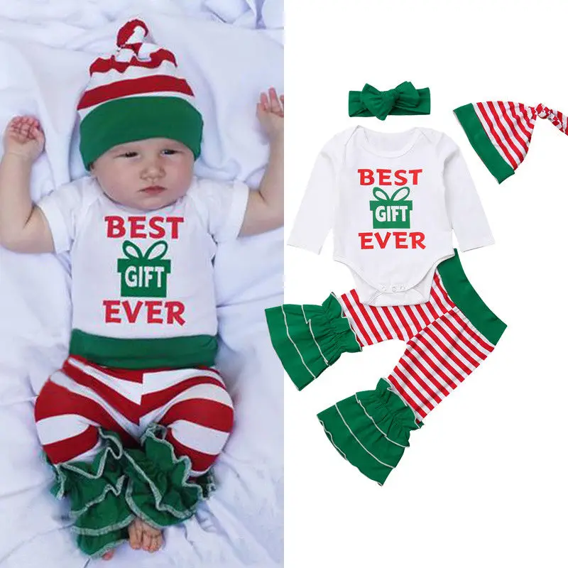 BEST GIFT EVER Newborn Baby Girls Boys Clothes 4PCS Letter Romper +Striped Pants+Hat+Headband Outfits | Детская одежда и обувь