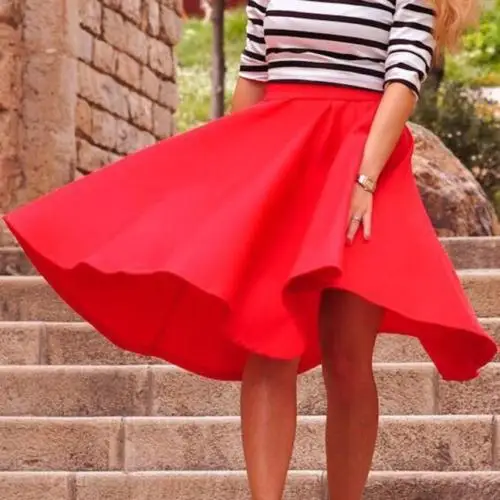 

Vintage Women Mid Skirt High Waist Skater Flared Pleated Swing Long Skirt