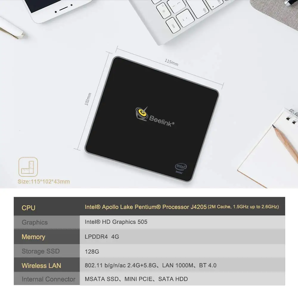 Beelink J45 Мини ПК Lpddr4 4 ГБ/128 Гб Ssd Intel Gemini Lake Celeron процессор J4205 Hd Graphics 505 двойной экран