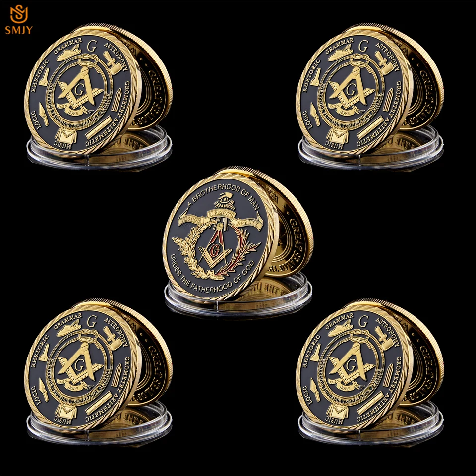 5PCS World Freemasonry Masonic Brothers Cultural Belief Gold Souvenir Coins Collection And Token Badge Gifts