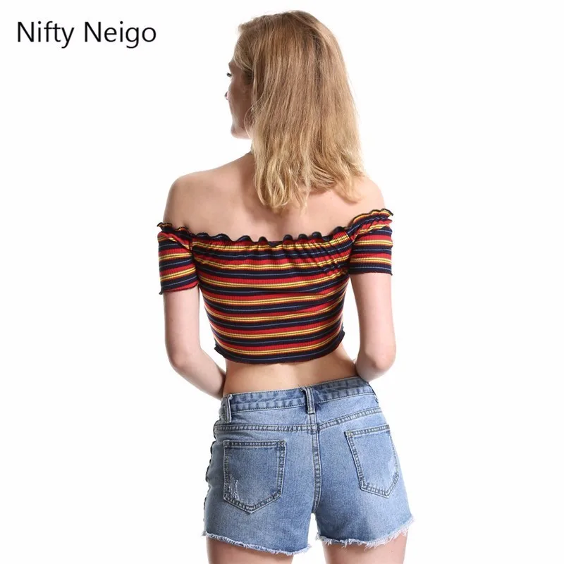 Nifty Neigo Сексуальная Женская Полосатая Футболка трикотажные короткие топы Летняя