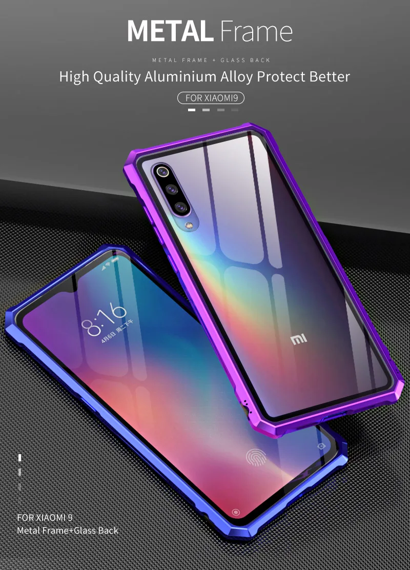 Xiaomi Mi 9 M9 Bumper Mi9 Explorer Cases Glitter Aluminum Metal Frame with Clear Tempered Glass Back Cover for |