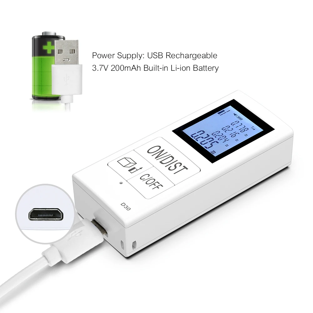 Мини портативный лазерный дальномер 30 м цифровой USB Перезаряжаемый карманный