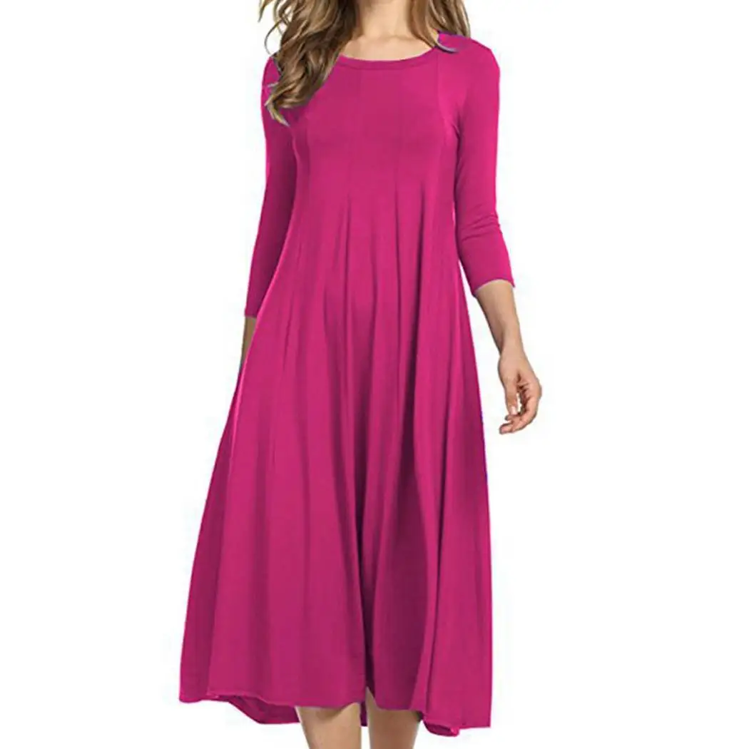 Женское модное повседневное однотонное платье футболка с круглым вырезом